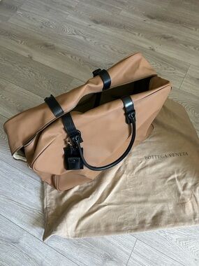 Bottega Veneta Tan Duffel Bag with Black Handles and Lock